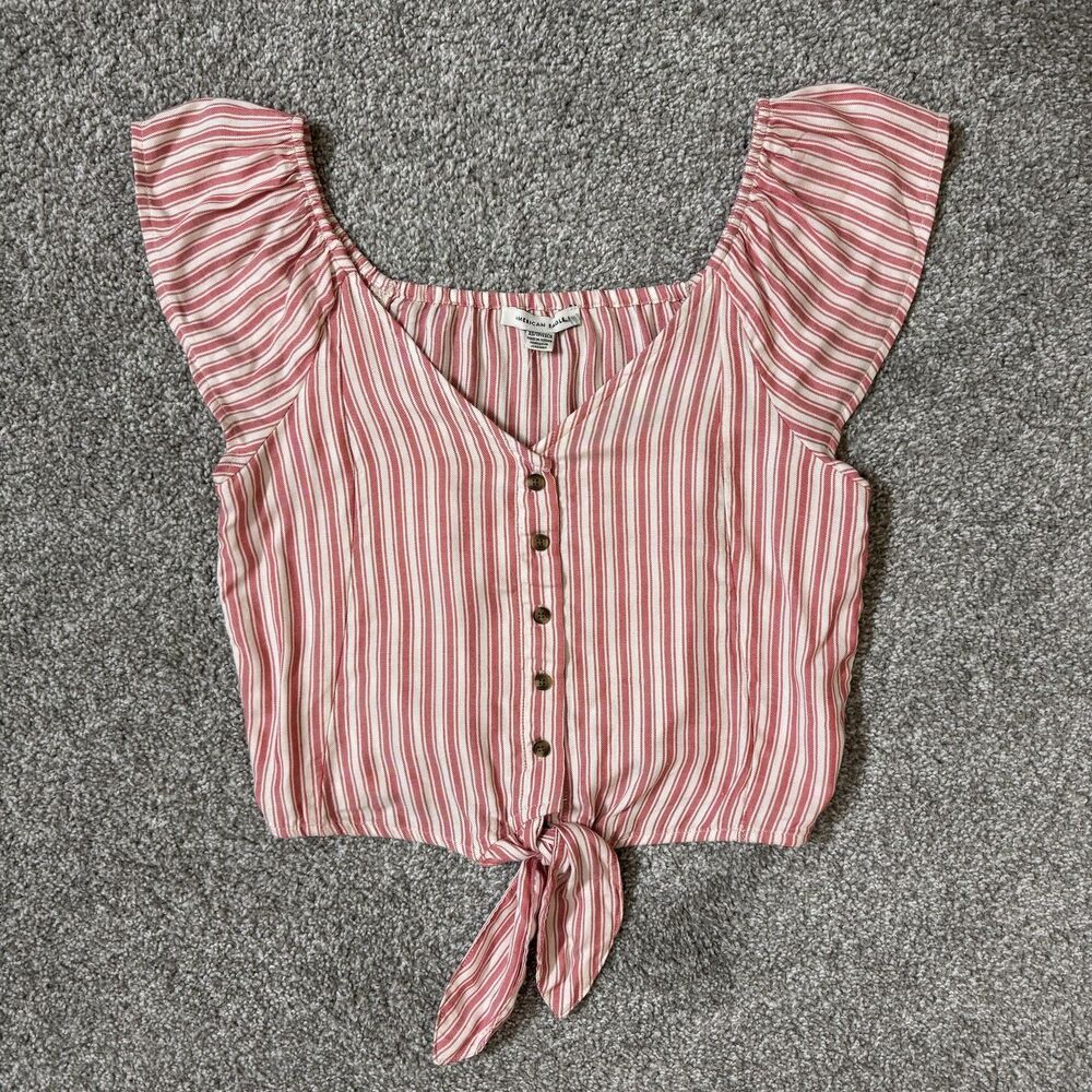 American Eagle Outfitters Shirt Womens XS Red Striped Tie Front Button Crop